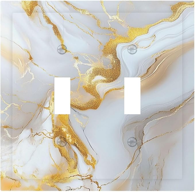 Decorative Switch Plate Cover Abstract Gold Marble Design with White & Gold 2 Gang Wall Plate Unique Double Toggle Double Light Switch Covers for Modern Luxurious Decor