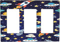 Decorative Outlet Covers Navy Blue Space-themed Rocket Spaceship 3 Gang Light Switch Cover Plate Triple Rocker Wall Plates for Electrical Switch Plate Covers for Children's Room Decor