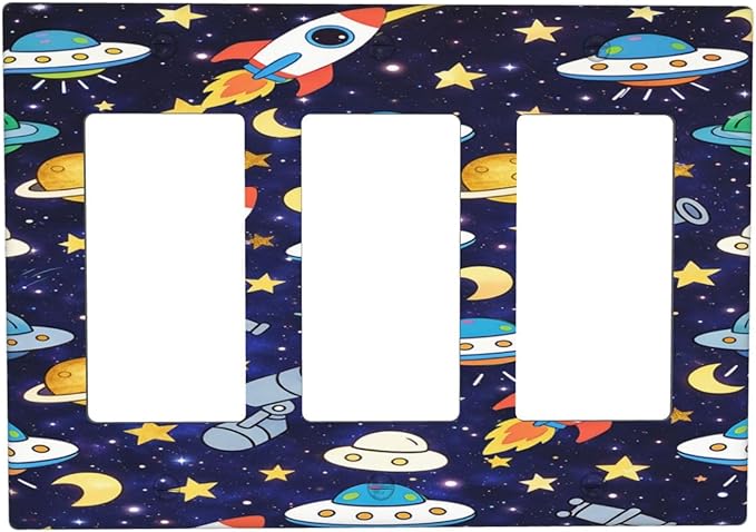 Decorative Outlet Covers Navy Blue Space-themed Rocket Spaceship 3 Gang Light Switch Cover Plate Triple Rocker Wall Plates for Electrical Switch Plate Covers for Children's Room Decor