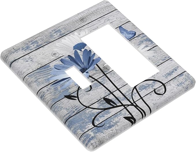Blue White Daisy Flower Butterfly Rustic Wood Board Outlet Covers 1 Toggle 1 Rocker Combination Decorative Wall Plate Electrical Switch Plates Light Switch Cover Plate for Farmhouse Bedroom Decor
