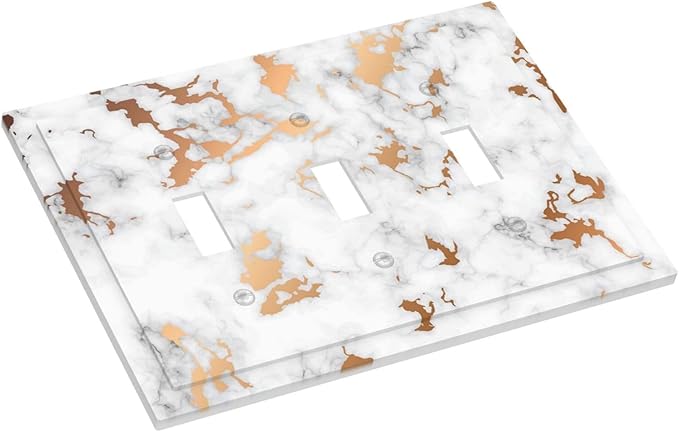 Lexury White Red Golden Marble 3 Gang Light Switch Plate Decorative Triple Toggle Wall Plate Cover Electrical Faceplate for Bathroom Home Living Room Decorate