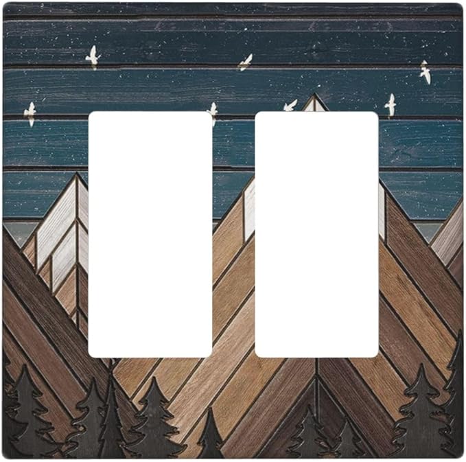 Rustic Geometric Mountain Wilderness Wood Light Switch Plate Cover 2 Gang Double Rocker Wall Plates Electrical Faceplates Decorative GFCI Outlet Covers for Bedroom Bathroom Kitchen Art Decor
