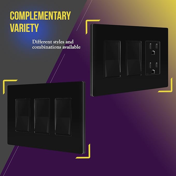 ENERLITES Screwless Decorator Wall Plates Child Safe Outlet Covers, Gloss Finish, Medium Size 3-Gang 4.88" H x 6.77" L, Unbreakable Polycarbonate Thermoplastic, SI8833M-BK, Black