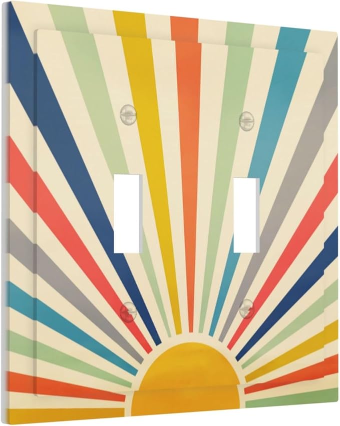 Retro Vintage Hippie Rainbow Boho 70s Mid Century Sun Abstract Sunrise Sunset Aesthetic Decorative 2-Gang Double Toggle Outlet Light Switch Wall Plate Electrical Receptacle Faceplate Cover Jumbo Size