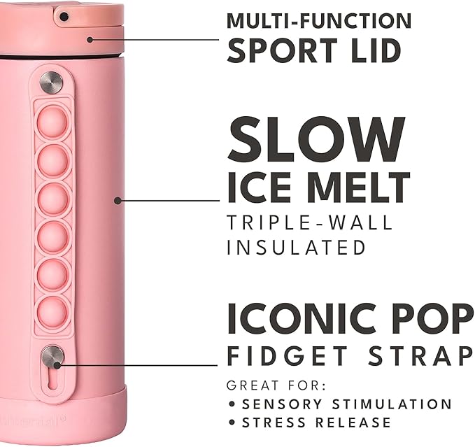 Elemental Iconic Kids Water Bottle for School - 100% Leak-Proof Insulated Water Bottles with Straw Lid & Pop-It Handle for Boys & Girls - Triple-Wall Insulated & BPA-Free, 14oz – Rose