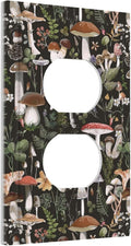 Vintage Gothic 60S Black Boho Mushroom 1 Gang Duplex Wall Plate Receptacle Outlet Covers 70s Plant Fungus Forest Botanical Decorative Electrical Dual Device Light Switch Plug Socket Faceplate Cover
