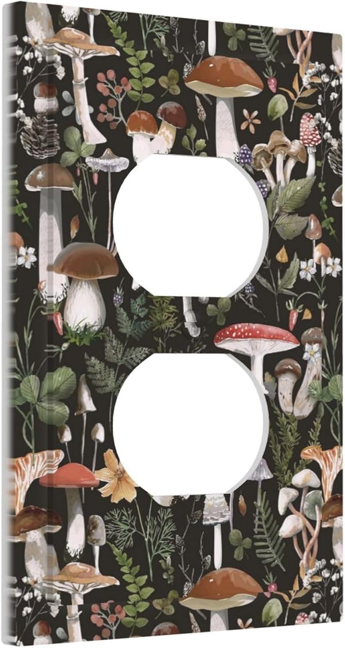 Vintage Gothic 60S Black Boho Mushroom 1 Gang Duplex Wall Plate Receptacle Outlet Covers 70s Plant Fungus Forest Botanical Decorative Electrical Dual Device Light Switch Plug Socket Faceplate Cover