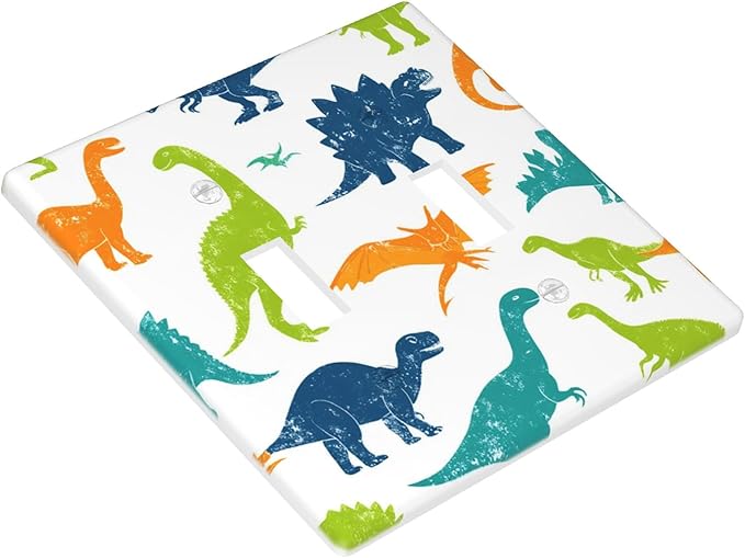 Colorful Dinosaur 2-Gang Double Toggle Light Switch Plate, Watercolor Blue & Green Dinosaur Cartoon Wall Plate for Boys Bedroom, Playroom & Nursery