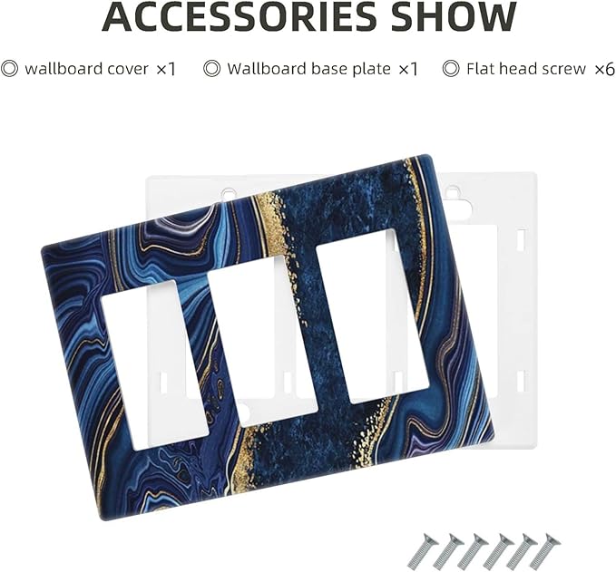 Navy Blue Marble 3 Gang Triple Rocker/Decor Light Switch Wall Plate Cover Decorative Electrical Faceplate For Boys Living Room Bedroom Decor Screwless 6.57" x 4.65