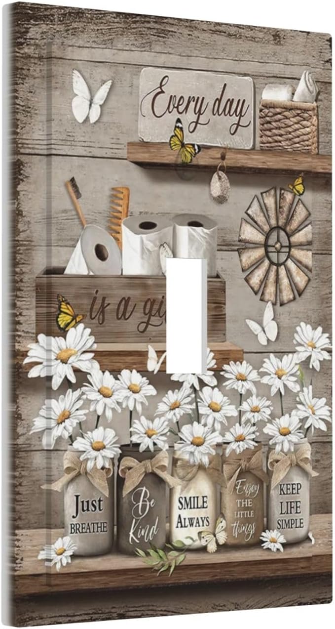 Rustic Daisy Flower Butterfly Inspirational Cottage Decorative Light Switch Cover 1 Gang Single Toggle Device Electrical Faceplate Switchplates Decorator Outlet Wall Plate for Farmhouse Bedroom Decor