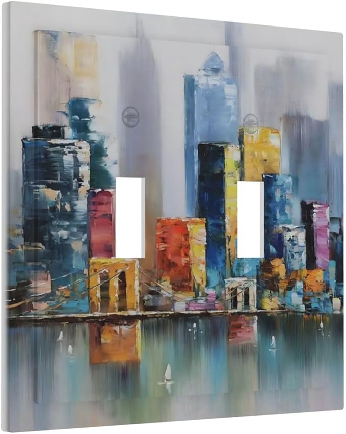 Colorful Nyc Skyline Textured Modern Abstract Decorative Switch Plates 2 Gang Double Toggle Outlet Light Switch Cover Wall Plate Electrical Faceplate for Bedroom Living Room Decor