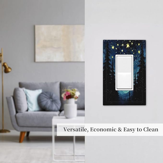 Decorative Outlet Covers Blue Starry Sky Forest Painted Star Pine Tree Oil Painting 1 Gang Single Rocker Light Switch Cover Plate Wall Plates GFCI Faceplate for Bedroom Cabin Decor