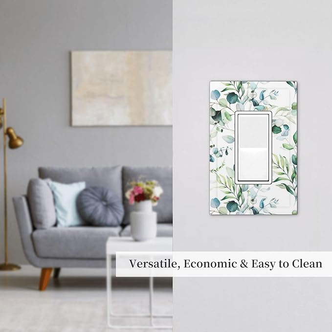 Green Olive Sage Eucalyptus Leaves 1 Gang Decorator Light Switch Cover Single GFCI/Rocker Outlet Switch Wall Plate for Dimmer,USB Outlet Mid Size