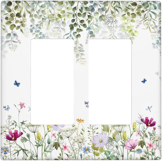 Green Floral Leaves Light Switch Cover Decorative Wild Flower 2 Gang Rocker Toggle Wall Plate Electrical Switchplate Faceplate for Bathroom Kitchen Bedroom