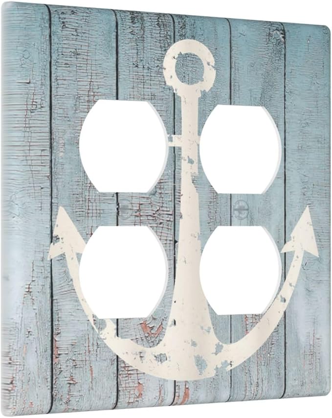 Anchor Rustic Sailing Nautical Wooden Planks Marine Outlet Covers 2 Gang Double Duplex Decorative Light Switch Covers Electrical Wallplates Socket Faceplate for Bathroom Farmhouse Decor