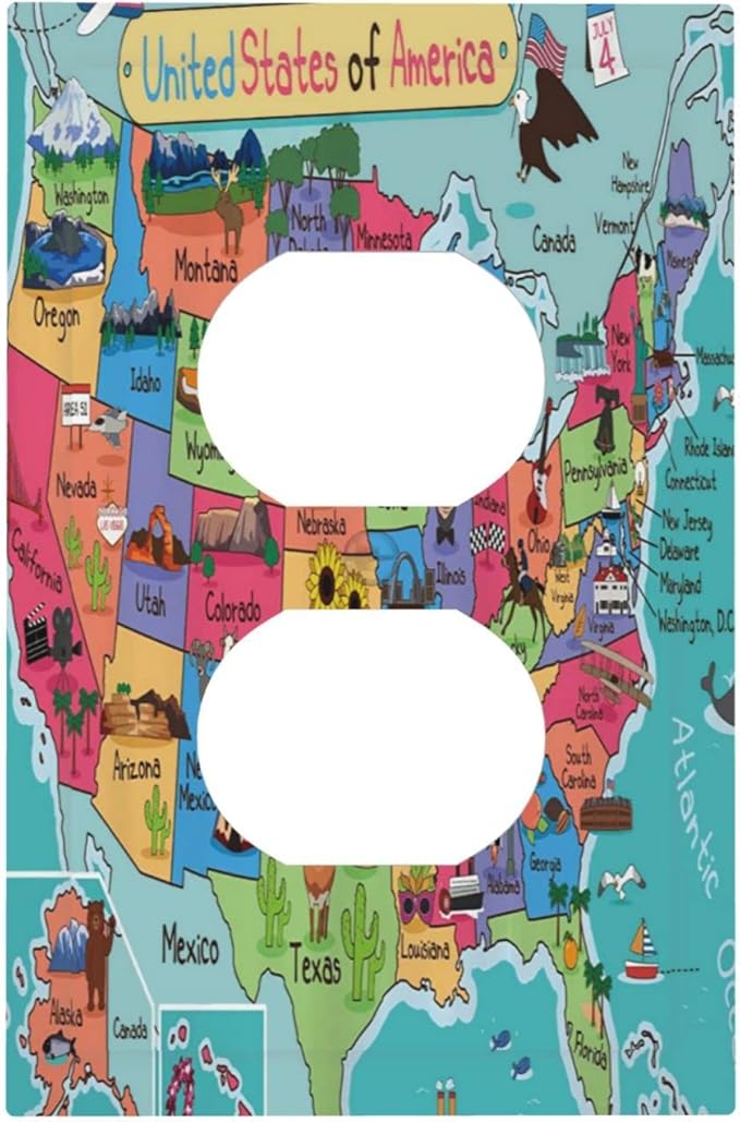 1 Gang Outlet Light Switch Covers Duplex Receptacle Device Plug Socket Wall Plate Turquoise USA Map Art Atlas Electrical Faceplate Switchplates Cartoon Fun Facts Geography American Map Room Decor