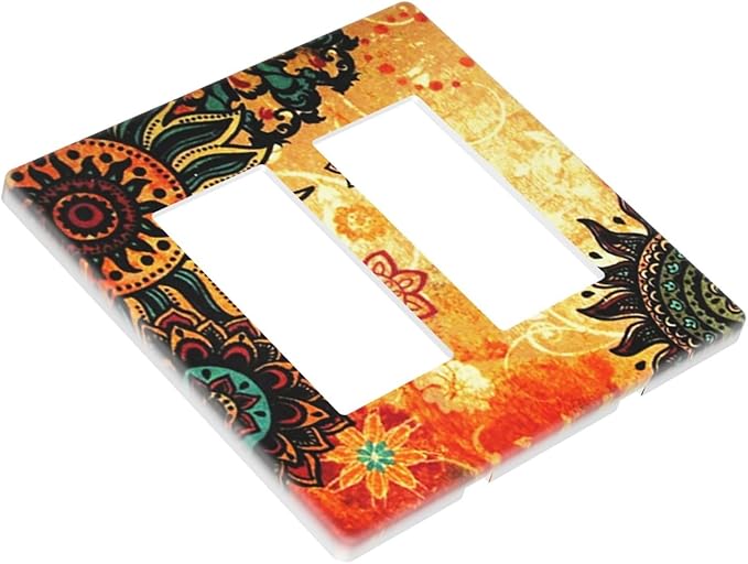 Decorative Boho 2 Gang Double GFCI Decorator Rocker Light Switch Cover Mandala Art, Red/Burnt Orange Vintage Floral Flower Sunflower Hippie Outlet Wall Plate Electrical Faceplate Cover Screwless