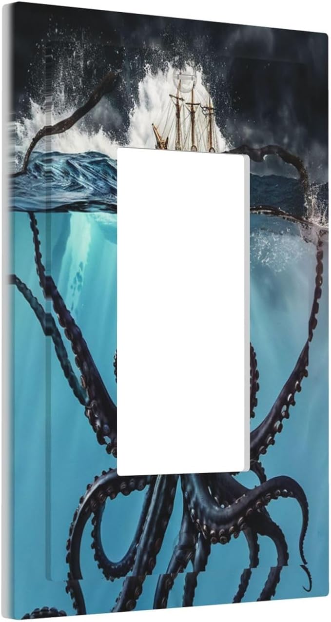 Light Switch Cover Plate Black Ocean Nautical Octopus Ship Funny Kraken 1 Gang Outlet Covers Single Rocker Switch plate Covers Decorative Wall Plates Electrical GFCI Receptacle for Home Decor