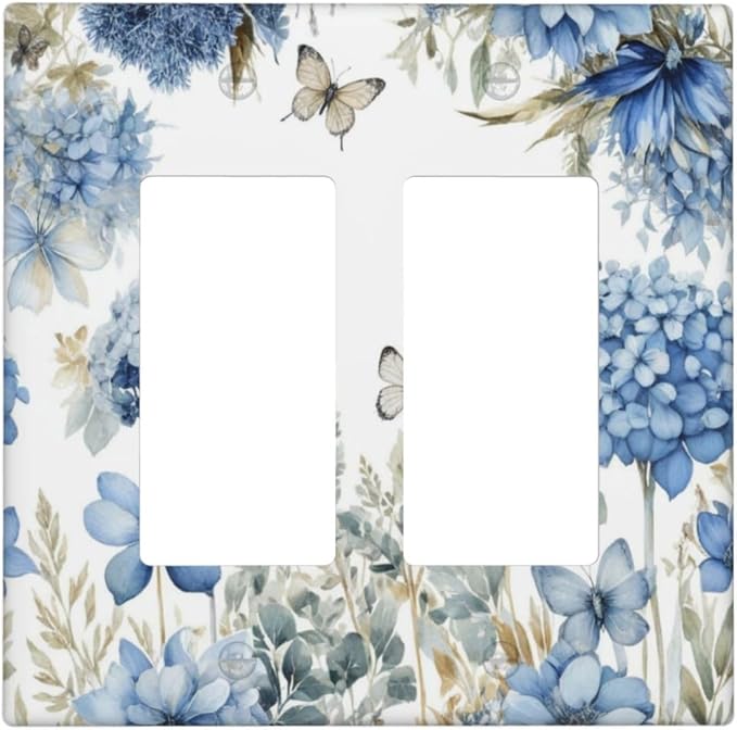 Decorative Outlet Covers Boho Blue Flowers Rustic Beige Butterfly Leaves 2 Gang Wall Plate Double Rocker Switch Light Switch Plate Covers Jumbo Dual Electrical GFCI Switch Cover Plate