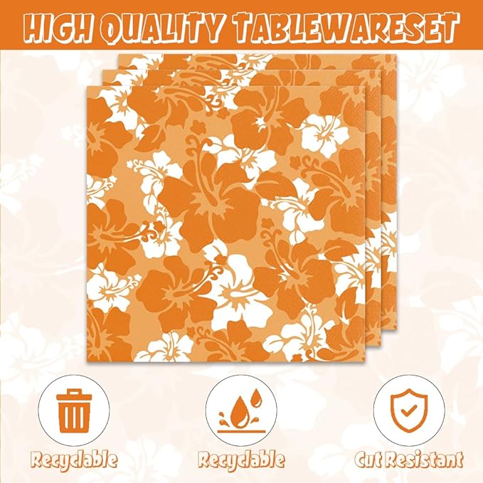 Orange Hawaiian Hibiscus Flowers Party Decorations for Kids Tropical Party Decorations 40PCS Hawaiian Flower Theme Party Plates and Napkins