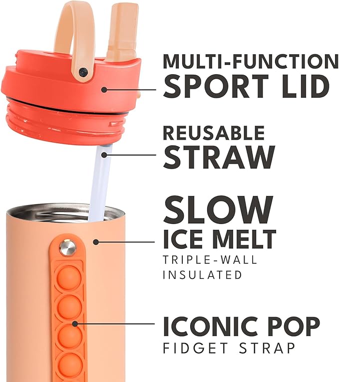 Elemental Iconic Kids Water Bottle for School - 100% Leak-Proof Insulated Water Bottles with Straw Lid & Pop-It Handle for Boys & Girls - Triple-Wall Insulated & BPA-Free, 20oz – Peach Sunrise