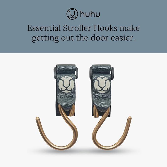 Huhu Essential Stroller Hooks - Lightweight Aluminum Stroller Bag Hook with Adjustable Straps, Matte Gold S-Hooks for Diaper Bag, Shopping, Everyday Essentials – Universal Fit Baby Stroller Accessory
