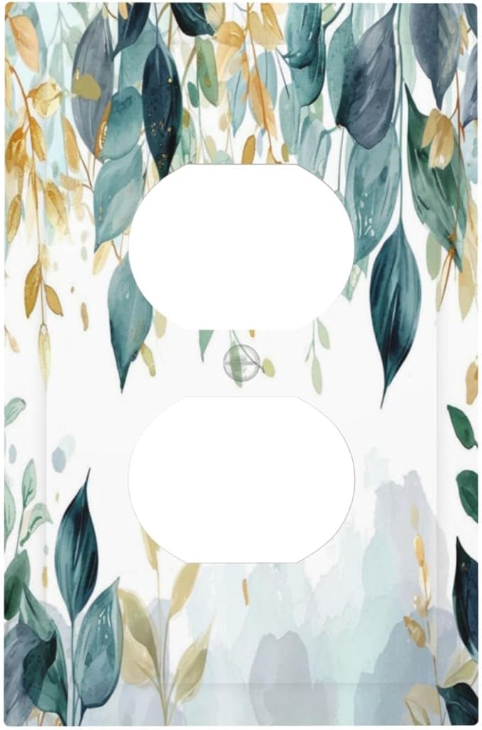 Boho Goldgreen Leaf Botanical Eucalyptus Leaves Outlet Covers 1 Gang Duplex Light Switch Cover Decorative Switch Plates Electrical Receptacle Faceplate Wall Plate for Bedroom Living Room Decor