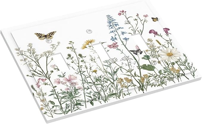 Decorative Switch Plates Rustic Wildflowers Butterfly Colorful Floral 3 Gang Wall Plate Triple Toggle Light Switch Cover Faceplate Electrical Wall Panels For Bed Room Living Room Decor