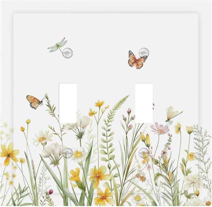 Colorful Wildflowers Dragonfly Butterfly Floral Decorative Switch Plates 2 Gang Double Toggle Outlet Light Switch Cover Wall Plate Electrical Faceplate for Bedroom Living Room Decor