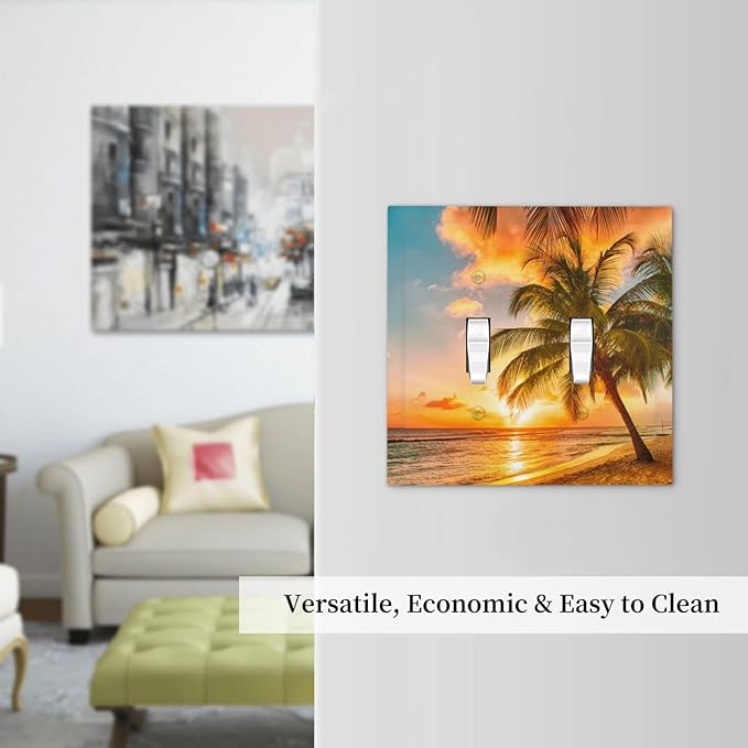 Light Switch Cover Sunset Beach Palm Tree Seascape 2 Gang Wall Plate Double Light Switch Plate Tropical scenery Toggle Decorative Outlet Covers Electrical Switchplate for Bathroom Home Decor