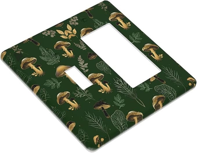 Decorative Outlet Covers Cute Gold Mushtroom Green Plant Leaf 2 Gang Light Switch Cover Plate Single Toggle 1 Rocker Wall Plates for Electrical Outlets Switch Plate Covers for Home Decor