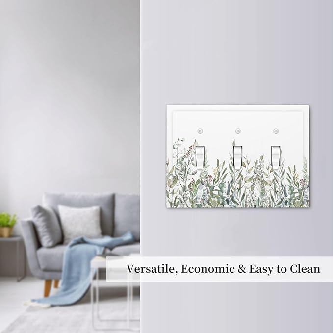 Wildflower Garden Rustic Green Leaf Floral Decorative Switch Plates 3 Gang Wall Plate Triple Toggle Light Switch Cover Faceplate Electrical Wall Panels for Bed Room Living Room Decor