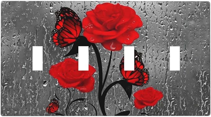 Butterfly Red Rose Flower 4 Gang Light Switch Cover Decorative Quad Toggle Wall Plate Electrical Faceplate For Girls Bathroom Bedroom Home Decorative 8" x 4.5