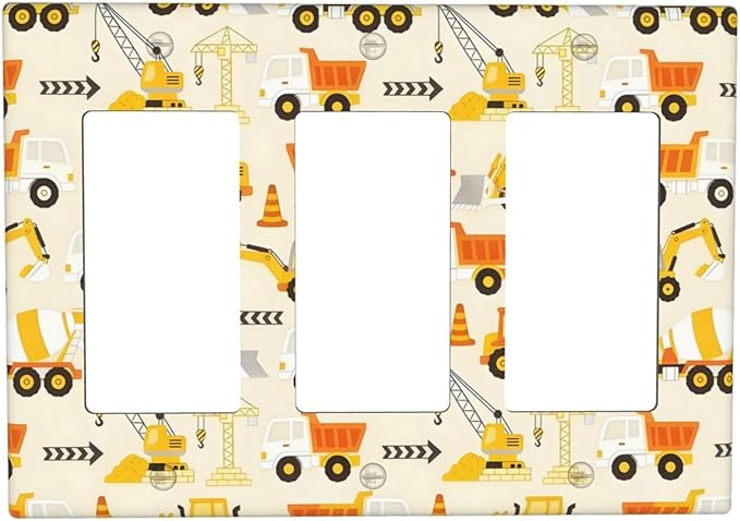 Decorative Outlet Covers Construction Vehicle Yellow Trucks Diggers 3 Gang Light Switch Cover Plate Triple Rocker Wall Plates for Electrical Outlets Switch Plate Covers for Home Decor