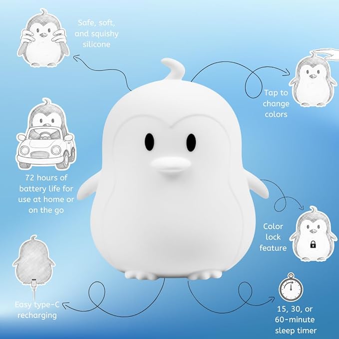 Lumipets Remote Control Silicone Night Light for Kids - Penguin Design with 9 Soft Colors & Sleep Timer - Rechargeable, Battery-Operated Lamp for Bedroom | Baby Nursery, Toddler, Girls, Boys