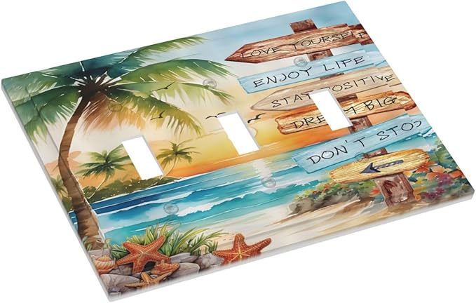 Tropical Beach Palm Tree Summer Coastal Ocean Sunset Decorative Switch Plates 3 Gang Wall Plate Triple Toggle Light Switch Cover Faceplate Electrical Wall Panels for Bedroom Living Room Decor