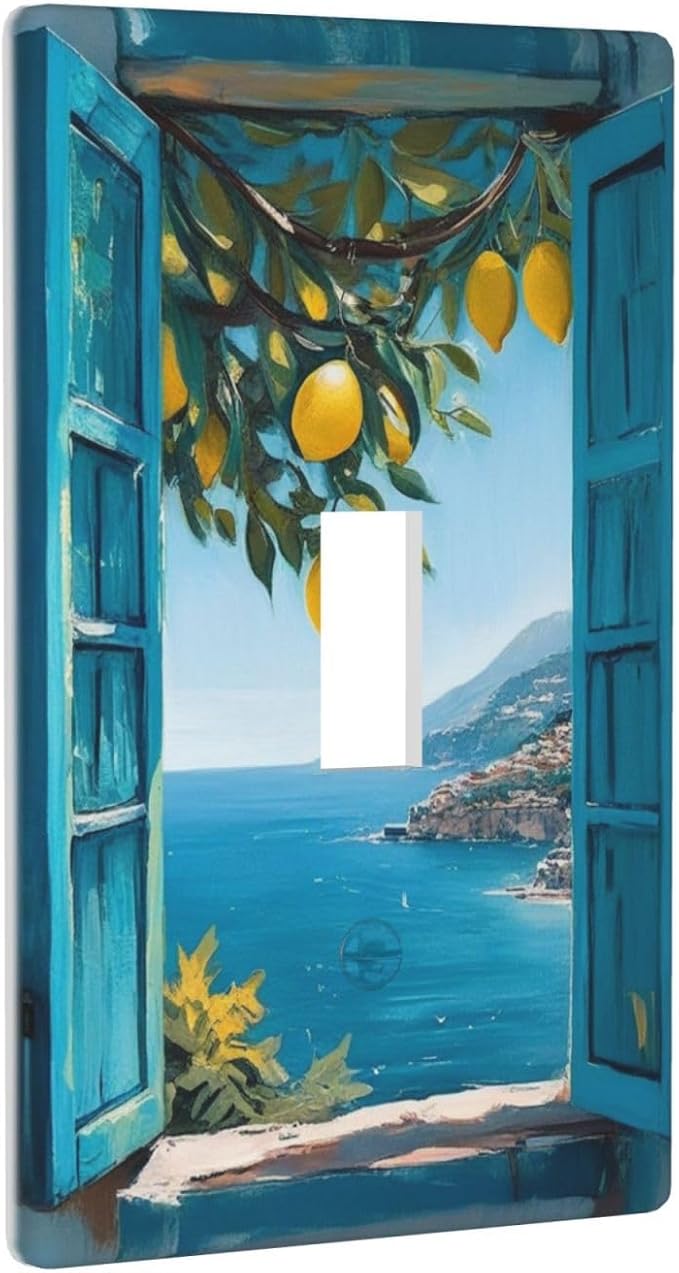 Decorative Art Light Switch Covers Seaside Window with Lemons Single Toggle Wall Plate Decorative Switchcover Electrical Switchplate for Home Decor