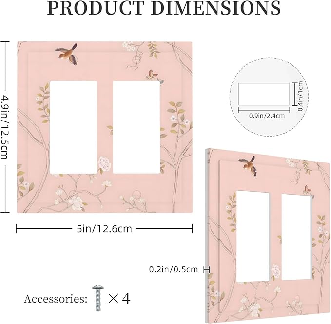Pink Background Flowers Bird Butterflies Floral Decorative Outlet Covers 2 Gang Double GFCI Rocker Electrical Wall Panels Light Switch Cover Plate for Bedroom Living Room Decor