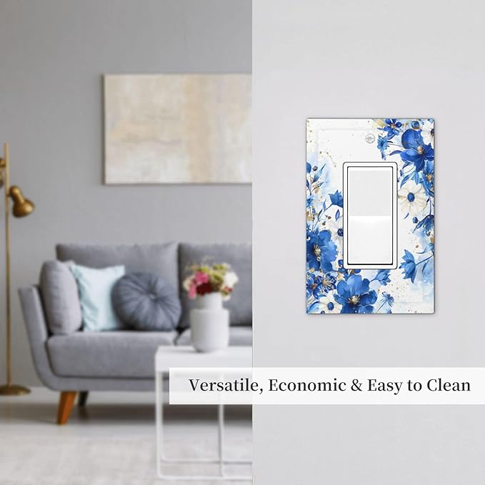 Klein Blue Flowers Watercolor Golden White Floral Decorative Outlet Covers 1 Gang Single Rocker Light Switch Cover Plate Wall Plates GFCI Faceplate for Bedroom Living Room Decor