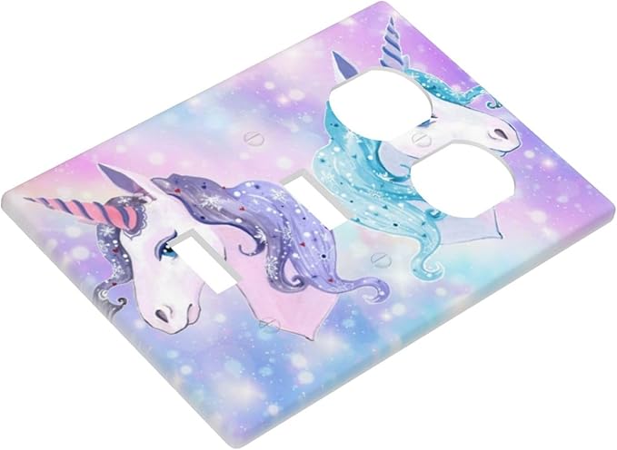 Cute Purple/Blue Rainbow Unicorn 3-Gang 2-Toggle 1-Duplex Device Combination Wall Plate Cute Kawaii Decorative Combo Double Toggle/Single Duplex Receptacle Outlet Light Switch Cover Plate (Not Bling)