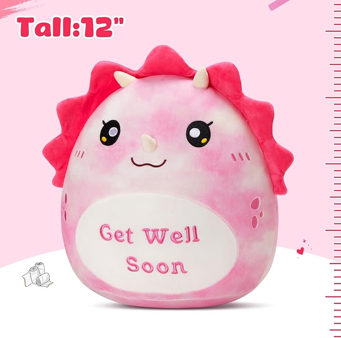 WEWILL 12'' Get Well Soon Dinosaur Soft Plush Pillow, Pink Triceratops Stuffed Animal Toy Gifts for Toddler Kids Boys Girls