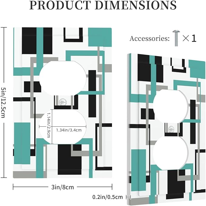 Geometric Turquoise Black Gray Modern Abstract Boho Outlet Covers 1 Gang Duplex Light Switch Cover Decorative Switch Plates Electrical Receptacle Faceplate Wall Plate for Office Nursery Decor