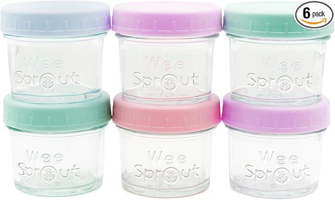 WeeSprout Baby Food Storage Glass Jars w/Lids (4 oz, 6 Pack) Pastel Variety, Snack, Reusable Small Containers, Fridge or Freezer, Microwave & Dishwasher Safe, Essentials for Infants