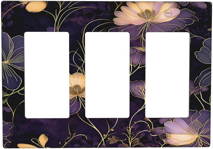 Modern Boho Vintage Gold Purple Dark Floral Modern Abstract Flowers Light Switch Covers 3 Gang Rocker Decorative Triple Outlet Wall Plate Cover Switchplate Electrical Gfci for Bedroom Living Room