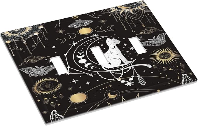 White Cat Tarot Moon Phases Moth Celestial Gothic Decorative Switch Plates 3 Gang Wall Plate Triple Toggle Light Switch Cover Faceplate Electrical Wall Panels for Kids Room Bedroom Decor