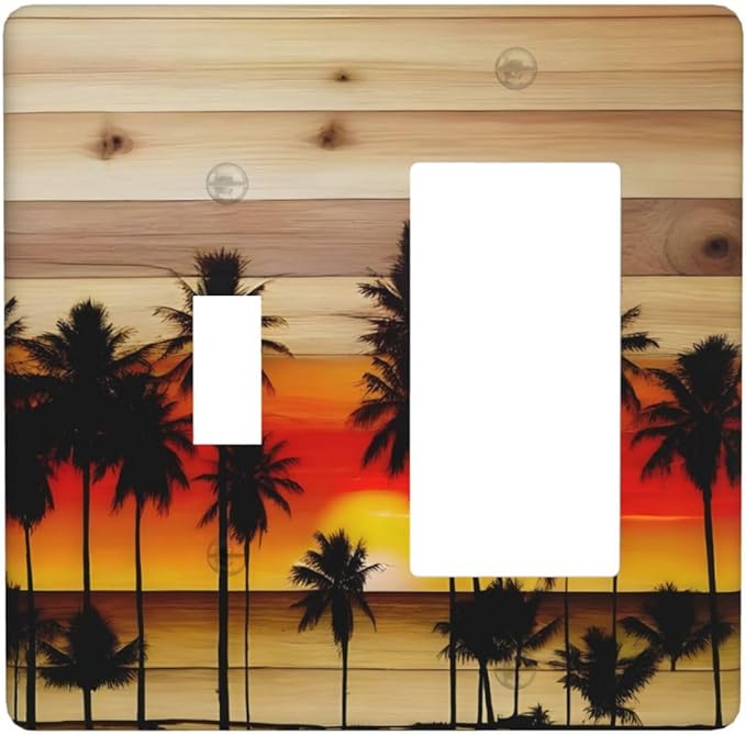 Sunset Beach Coconut Palm Tree Wooden Background Outlet Covers 1 Toggle 1 Rocker Combination Decorative Wall Plate Electrical Switch Plates Light Switch Cover Plate for Bedroom Living Room Decor