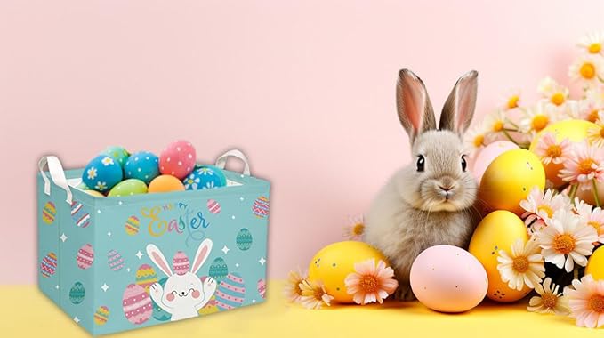 Essme Rectangular Easter Basket, Kids Storage bin Organizer with Handles for Easter Decor,Shelf Basket,Toy Organizer,Easter Gift.(Rabbit Easter Eggs)