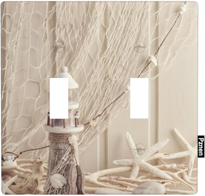 Rustic Nautical Double Toggle Light Switch Cover Coastal Sea Shell Fishing Net Lighthouse Starfish Ocean Beach Theme Wall Plate Covers 2-Gang Toggle Switch Plates Home Office