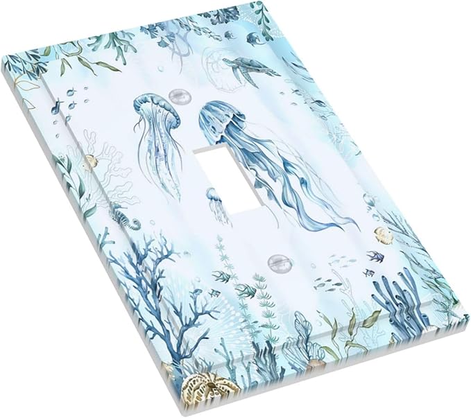 Decorative Light Switch Cover Jellyfish Teal Blue Ocean Turtle Coastal Beach 1 Gang Single Toggle Decorator Outlet Wall Plate Device Electrical Faceplate Switchplates for Bedroom