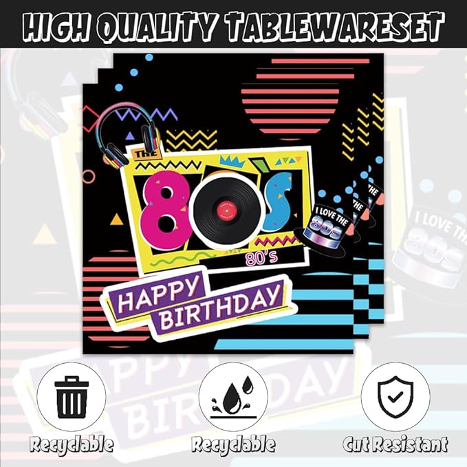 40Pcs 80s Birthday Party Decorations Plates 80s Themed Tableware Include Paper Plates Napkins for 20 Guests Baby Shower Birthday Party Decorations